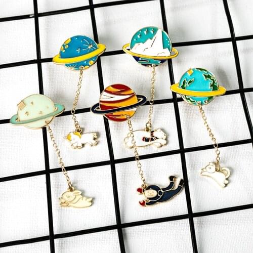 Shamir Space Brooch Cartoon Yutu Astronauts On The Moon Lovely And Sweet Drip Joker Metal Star Badge Pin Chain