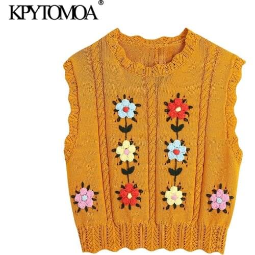 KPYTOMOA Women 2021 Sweet Fashion Floral Embroidery Cropped Knit Vest Sweater Vintage Sleeveless Female Waistcoat Chic Tops