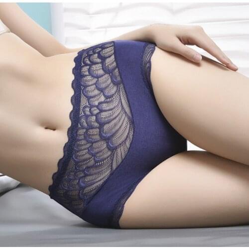 Lace Underpants Lingerie Feather Underwear Women Panties Sexy Mid-Waist Waves Lace Briefs Cotton Translucent High-Elasticity