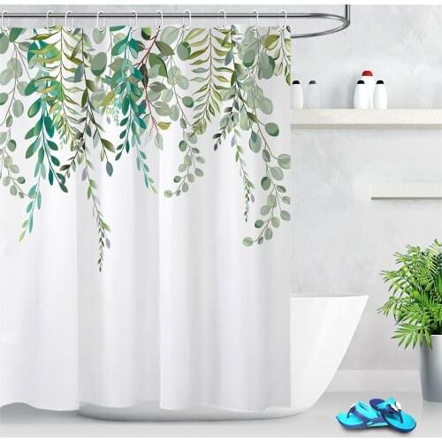 LB Watercolor Botanical Green Leaves Shower Curtain Plants Branch Bouquet Floral Pattern Eucalyptus Shower Curtain with White