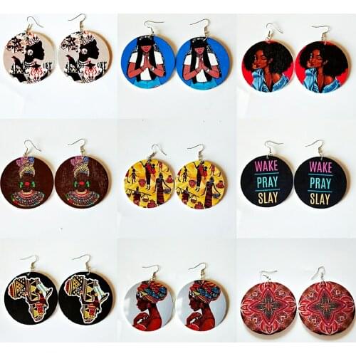 Fashion African Head Pattern Geometric Round trendy popular jewelry Wood Earrings Ornament women dangle earrings