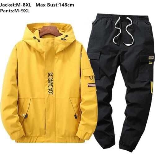 Autumn 6XL 7XL 8XL Men Jacket Hoodies 2 Two Piece Set Clothes Sports Cargo Pants Black Plus Size Man Loose Coat Trousers 2020