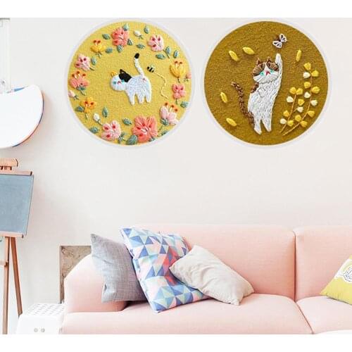 DIY Flower Cat Embroidery Handcraft Needlework Cross Stitch Kit Cotton Embroidery Painting Embroidery Hoop Home Wall Hang Decor