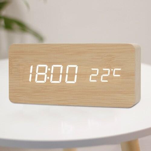 2021 New Creative Wooden Alarm Clock Led Mute Bedside Clock Rectangular Digital Display Electronic Clock Thermometer