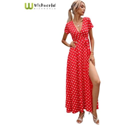 The Nnew 2021 Summer Wave Ppoint Printing Sexy V-Neck Split Dress Fashion Bohemian Long Dresses Womens Clothing