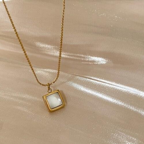 2021 New Simple Geometric Square Opal Stainless Steel Necklace For Woman Korean Fashion Jewelry Goth Girls Sexy Clavicle Chain