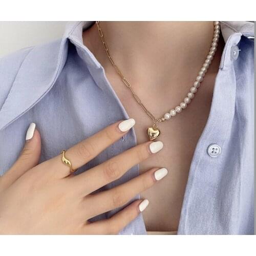 Real Pearl Heart Necklace Designer T Show Runway Gown Wedding Jewelry Rare INS Japan Korean Trendy