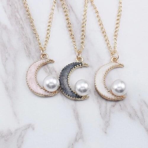 DIY Charm Female Moon Necklace Inlaid Beads Gold Chain Enamel Pendant Black Pink White Optional Fashion Girl Jewelry Gift Hot