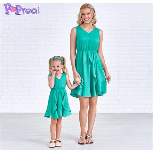 PopReal Parent-Child Outfit Mom And Daughter Skirt Fashion Solid Dress Family Matching Outfits V-Neck Plus Size Lrregular Hem