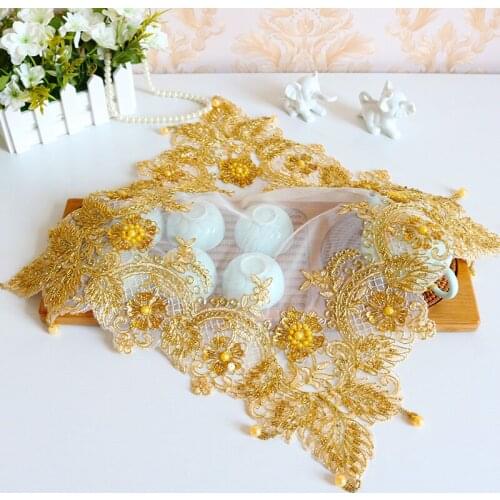Variety Of European Gold Thread Embroidery Beaded Square Lace Table Mat Placemat Food Furniture Cover Cloth Kitchen Decoration