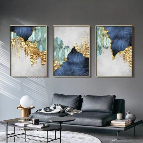 Nordic Blue Golden Foil Lines Canvas Painting Modern Abstract Posters and Print Wall Art Picture for Living Room Home Decoration