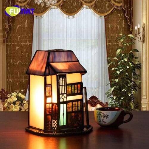 FUMAT American Country style small house Art bar Church Stained Glass Creative Living Room Bedroom Bedside Table Lamp