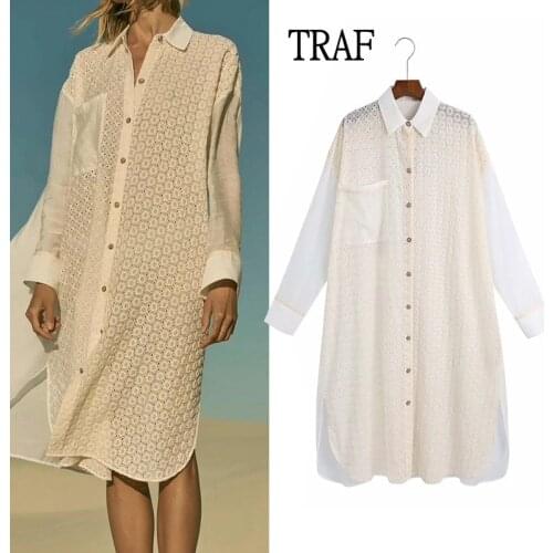 TRAF Za Woman 2021 Blouses Hollow Embroidery Long Summer Blouse Oversize Button Loose Asymmetric Top Female Vintage Shirt Pocket