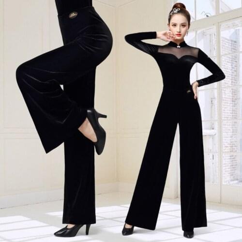 Womens Latin Dance Pants New Ballroom High Waist Velvet LadyS Standard Practice Wide Leg White Trousers Dancing Waltz DQS4650