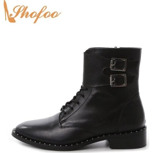 Black Ankle Combat Boots Chunky Heels Round Toe Woman Booties Zip Lace Up Big Size 13 15 Ladies Buckle Strap Rivets Shoes Shofoo