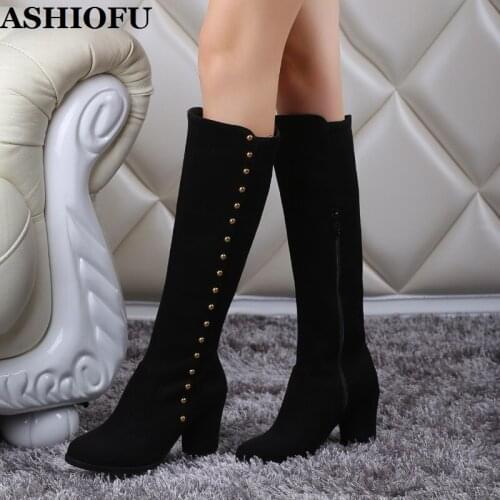 ASHIOFU MLL-722 Handmade Womens Knee High Boots Rivets Spikes Party Prom Chunky Boots Evening Winter Fashion Club Fashion Boots