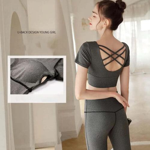 Women Fitness Tops With Falsies Bra Pad Workout Training Exercise Gym Sport Yoga Running Hiking Short Sleeve Tee T Shirts 15