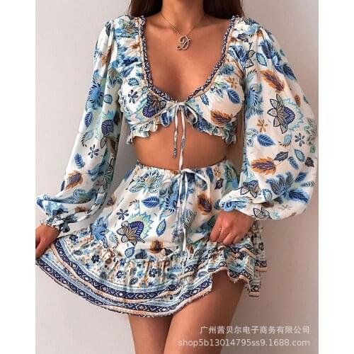 Skirt Sets Women Autumn Fashion Sexy Leaky Waist Casual Long Sleeve Square Collar Super Short Blusas Mujer De Moda Mini Vestidos