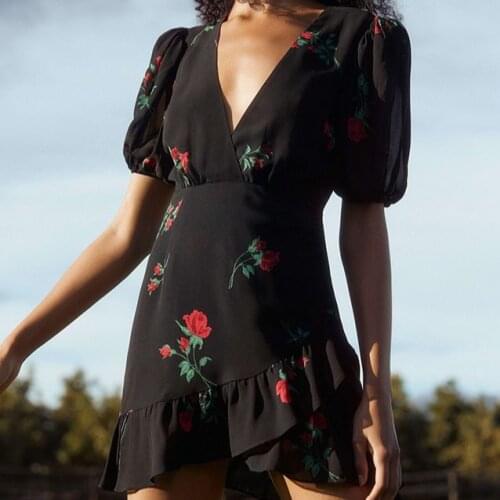 Womens Ruffled Dress Floral-Printed Short Puff Sleeve Mini Dress 2021 Spring Summer Vintage Slim Waist V-Neck Short Robes
