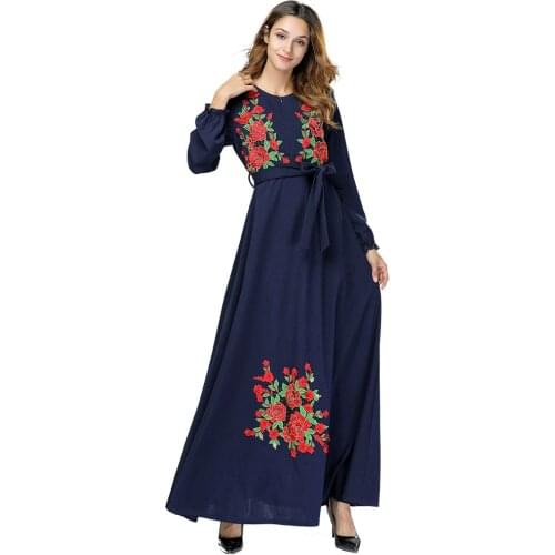 Women Floral Embroidery Muslim Dress Abaya Ladies Front Zipper Floral Lace-up Slim Maxi Dresses Islamic Clothing Caftan Kimono