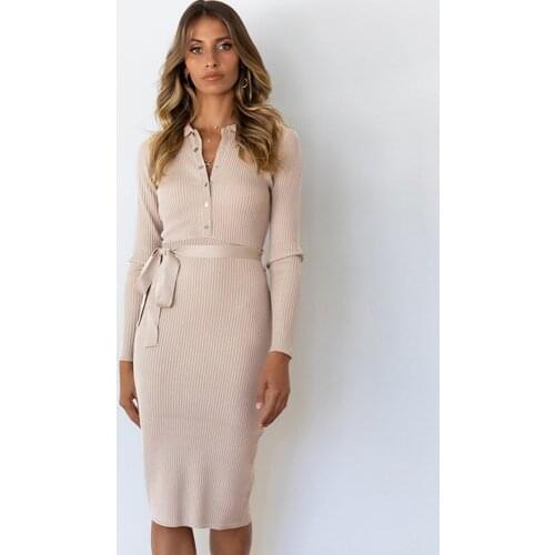 Women Turn-down Neck Knit Sweater Dress Autumn Solid Button Sashes Long Sleeve Winter Mini Dresses Office Ladies Pencil Dress