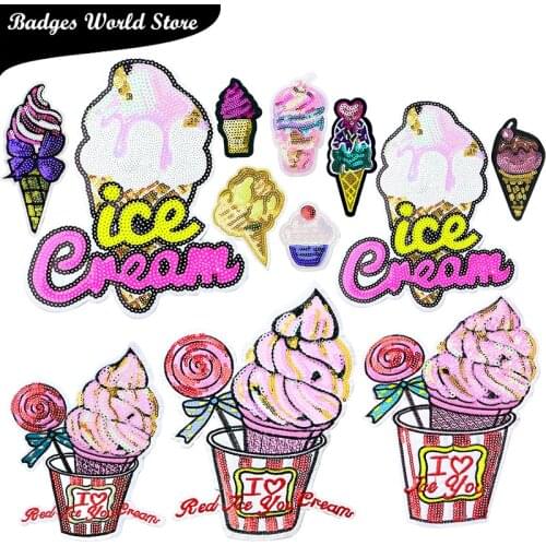 1 Pcs Cute ice cream sequin icon Embroidered Iron on Patches for Clothing DIY Stripes Clothes Patchwork Stickers Custom Badges