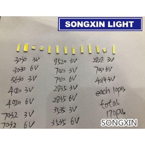 170pcs/lot 1W-2W SMD LED Kit 3V/6V 2835/3030/2828/3535/5630/7020/7030/4020/4014/7032 Cold white For TV Backlight Beads