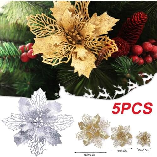 5/9/16cm Glitter Artifical Christmas Flowers Christmas Tree Decorations for Home Fake Flowers Xmas Ornaments New Year Decor