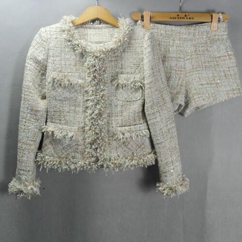 Apricot tweed coat + shorts suit autumn/winter small fragrant wind womens jacket long-sleeved 2 pieces suit ladies tweed jacket