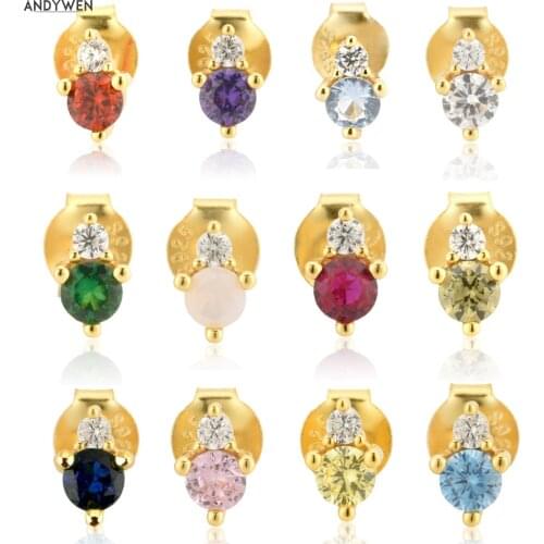 ANDYWEN 925 Sterling Silver Gold 12 Months Gems Colorful Birth Zircon Charm Stud Earring Piercing Women Fashion Jewelry Gift
