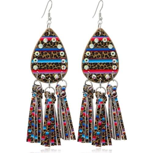 Bohemian Womens Leather Earrings Fashion Leopard Stripes Diamonds Water Drop Dangle Earrings for Women Holiday Party Jewelry