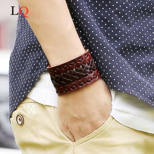 Genuine Leather Bracelets Punk Wide Cuff Bracelets & Bangles for Women Men Jewelry Accessories Wristband Charm Bracelets Gifts