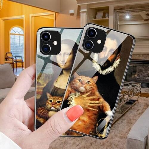 Leonardo da Vinci Mona Lisa Pat Cat Art Phone Cases Luminous Tempered Glass For iPhone 11 12 Pro XR XS MAX 8 X 7 6S Plus 12Mini