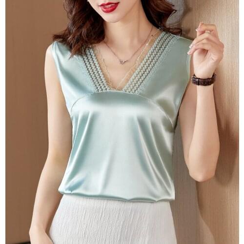 Chikichi 2021 Summer Silk Shirt Vest Stretch Satin Lace Neckline V-neck Fashion Korean Style Plus Size Loose Tops Women 5XL