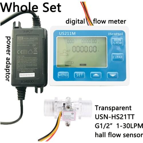 US211M Digital Flow Meter Totalizer Flow Measurement with Nylon Water Flow Sensor USN-HS21TT G1/2" Turbine Flowmeter iSentro