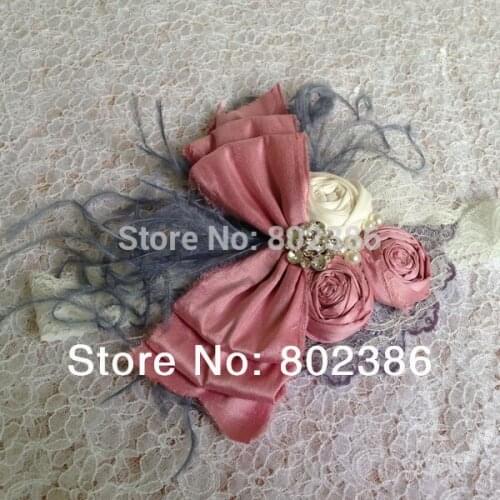 Free Shipping Dupioni Silk Roll Flower Grey Ostrich Feather Headband Kids Hair Accessories