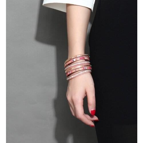 Double Layer High Quality Rhinestone PU leather Bracelet and Bangles for women Gold-color Alloy Magnetic Buckle Bracelet Jewelry