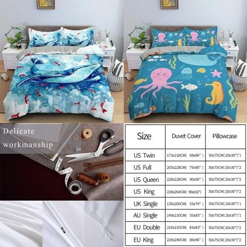 Deep Sea Blue Whale 3D Bedding Set Soft Duvet Cover Pillowcase Twin Queen King Size Kids Bedding 2-3 Piece