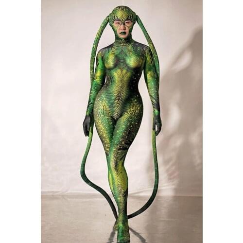 Halloween Rave Party Role-playing Stage Clothes Green bodysuit snake Spandex Stretch Skinny Jumpsuit Men Women Cosplay Costume