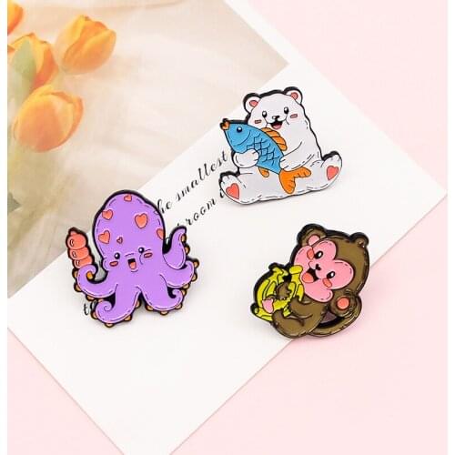 Cute animal Octopus monkey white bear Dinner Enamel Brooch Sugar gourd banana fish food Lapel Pin Cartoon badge jewelry