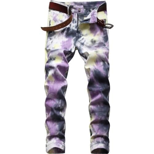 Mens Tie and Dye Stretch Denim Jeans Trendy Fancy Colored Purple Printed Pants Trousers