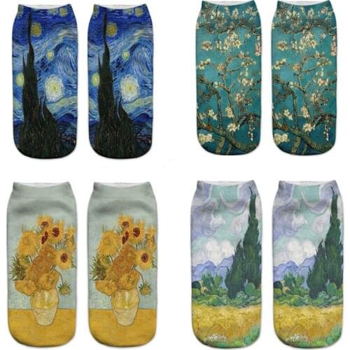 3D Printing Van Gogh Sunflower Print Art Socks For Women Low Cut Ankle Starry Night Cotton Sock Retro Famous Painting Unisex