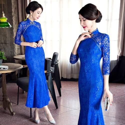 New Fashion Long Cheongsam Traditional Chinese Clothing Fishtail Slim Qipao for Women Half Sleeve Vintage Party Evening Dress