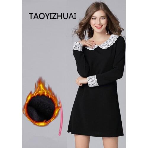 TAOYIZHUAI 2020 New Arrival Winter Thicken Wool Plus Size Black Dress Slim Style Embroidery peter pan Collar Women Dress 16209R