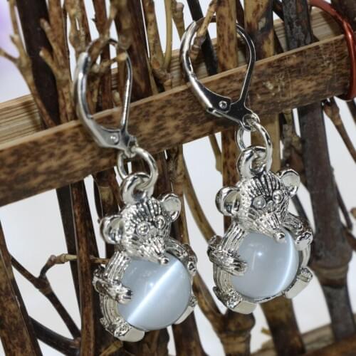 New fashion high grade 15*23mm white cat eyes beads silver-color mouse shape long dangle drop earringsgifts jewelry B2668