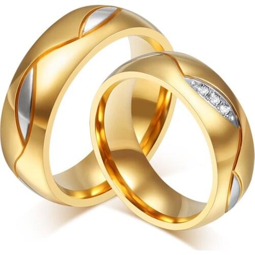 Gold-color Wedding Bands For Couples Women Men Stainless Steel CZ Stone Ring Engagement Ring Size 5 to 13 R419G