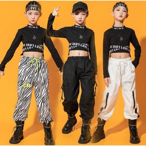 Autumn Girls Long Sleeves Tops Cargo Pants Kids Jazz Hip Hop Dance Costume Black Performance Outfit Modern Street Wear BL7035
