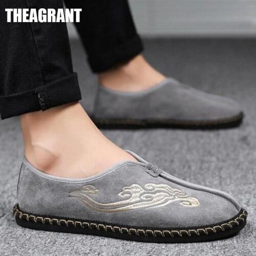 THEAGRANT Canvas Casual Shoes Men Vintage Traditional Embroidered Slip-on Man Flats Male Loafers Moccasins MFS3049