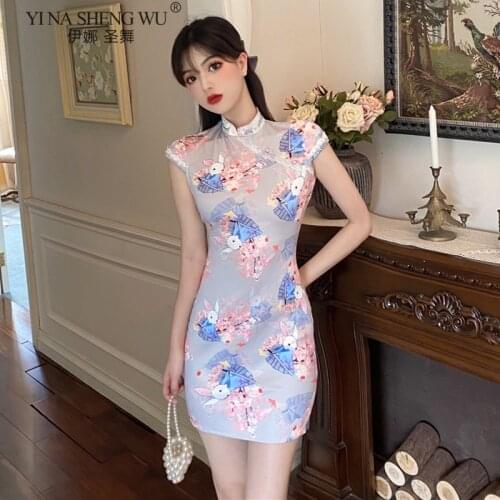 Summer Cheongsam New Fashion Slim Elegant Elegant Dress Young Cute Anime Rabbit Cherry Blossom Pink Chinese Style Short Dress