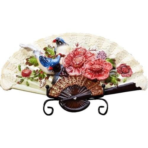 Handpainted Blue Pheonix Peach Flower Fan Plate Hanging Wall Plate Decorative Plate Ceramic Hanging Tray American Garden Plate